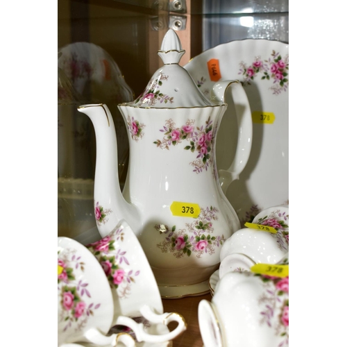 378 - ROYAL ALBERT 'LAVENDER ROSE' TEA/DINNER WARES, comprising two coffee pots, cream jug (broken base), ... 