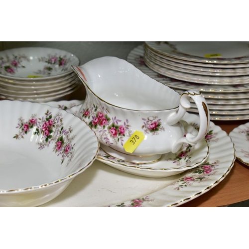 378 - ROYAL ALBERT 'LAVENDER ROSE' TEA/DINNER WARES, comprising two coffee pots, cream jug (broken base), ... 