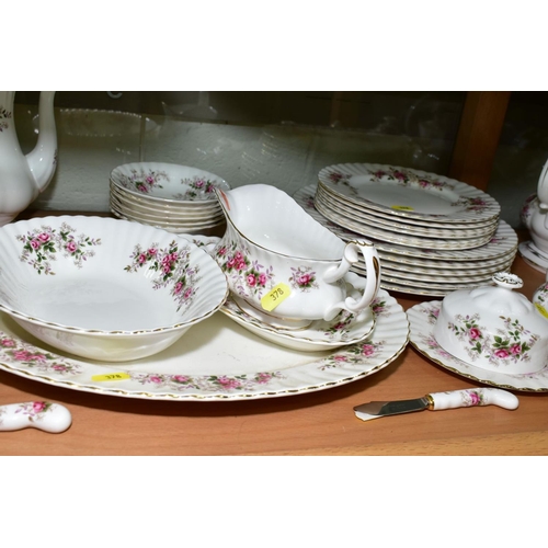 378 - ROYAL ALBERT 'LAVENDER ROSE' TEA/DINNER WARES, comprising two coffee pots, cream jug (broken base), ... 