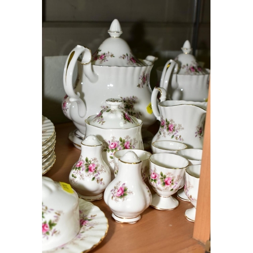 378 - ROYAL ALBERT 'LAVENDER ROSE' TEA/DINNER WARES, comprising two coffee pots, cream jug (broken base), ... 