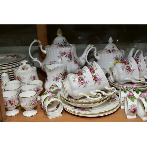 378 - ROYAL ALBERT 'LAVENDER ROSE' TEA/DINNER WARES, comprising two coffee pots, cream jug (broken base), ... 