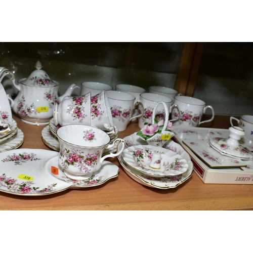 378 - ROYAL ALBERT 'LAVENDER ROSE' TEA/DINNER WARES, comprising two coffee pots, cream jug (broken base), ... 