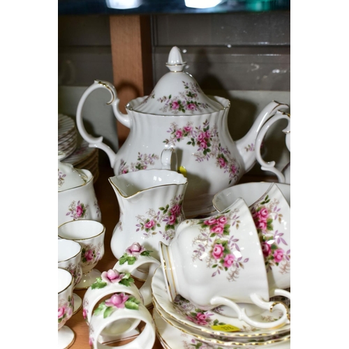 378 - ROYAL ALBERT 'LAVENDER ROSE' TEA/DINNER WARES, comprising two coffee pots, cream jug (broken base), ... 