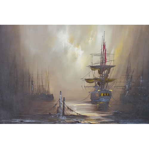 379 - BARRY HILTON (BRITISH CONTEMPORARY) a nostalgic maritime scene of sailing ships in harbour at night,... 