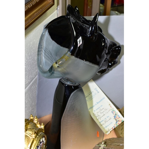 381 - A CONTEMPORARY MURANO GLASS SCULPTURE OF A HORSE'S HEAD (TESTE CAVALLIER), the upper half black, the... 