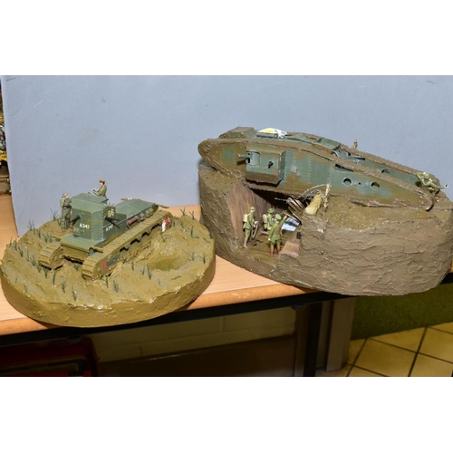 382 - TWO WWI BATTLE SCENE DIORAMAS, 1/35 scale scenes one featuring an Emhar model of a 'Tadpole' tank an... 