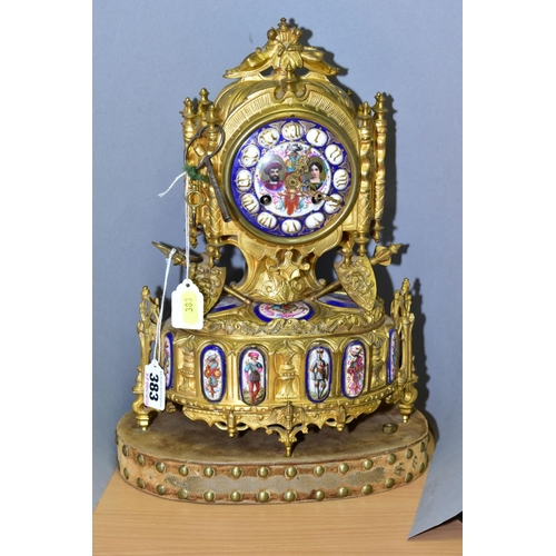 383 - A LATE 19TH CENTURY FRENCH GILT METAL AND PORCELAIN LEROY & FILS MANTEL CLOCK, the finial with two r... 