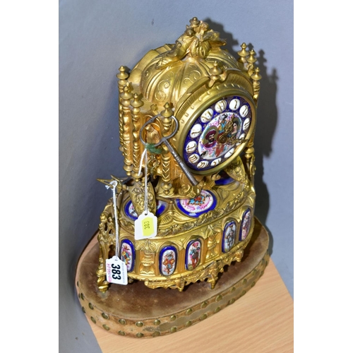 383 - A LATE 19TH CENTURY FRENCH GILT METAL AND PORCELAIN LEROY & FILS MANTEL CLOCK, the finial with two r... 