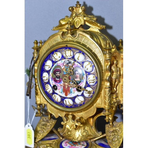 383 - A LATE 19TH CENTURY FRENCH GILT METAL AND PORCELAIN LEROY & FILS MANTEL CLOCK, the finial with two r... 