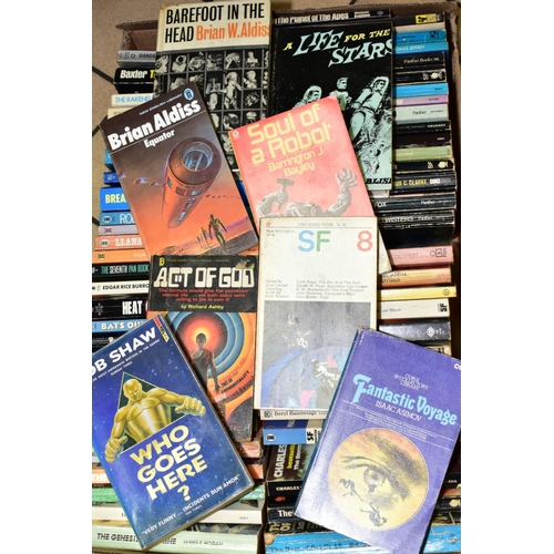 386 - A BOX OF APPROXIMATELY SIXTY FIVE SCI FI BOOKS, almost exclusively paperbacks, includes first editio... 