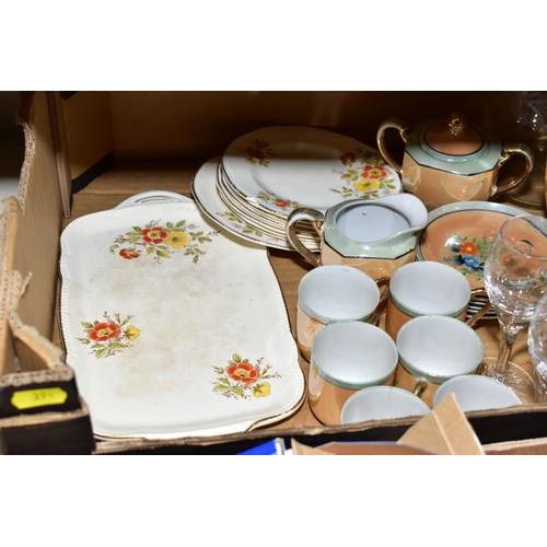 394 - TWO BOXES OF GLASSWARE, CERAMICS AND TECHNOLOGY, including Japanese eggshell porcelain coffee servic... 