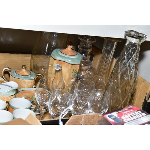 394 - TWO BOXES OF GLASSWARE, CERAMICS AND TECHNOLOGY, including Japanese eggshell porcelain coffee servic... 