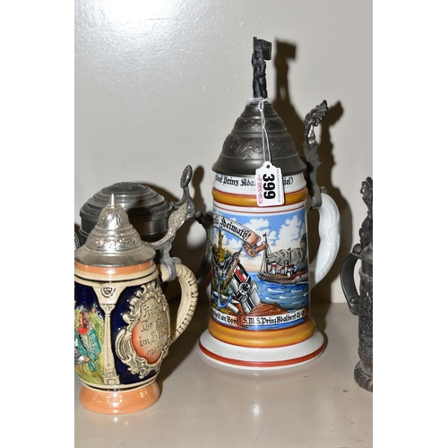 399 - A COLLECTION OF TWELVE METAL, GLASS AND CERAMIC BEER STEINS, all second half 20th Century, includes ... 