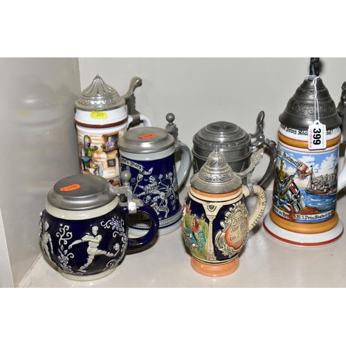 399 - A COLLECTION OF TWELVE METAL, GLASS AND CERAMIC BEER STEINS, all second half 20th Century, includes ... 