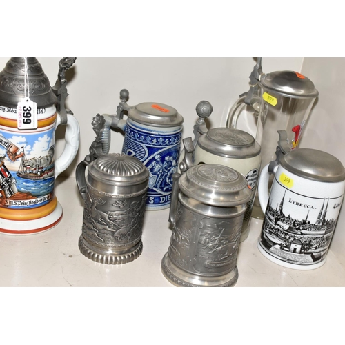 399 - A COLLECTION OF TWELVE METAL, GLASS AND CERAMIC BEER STEINS, all second half 20th Century, includes ... 