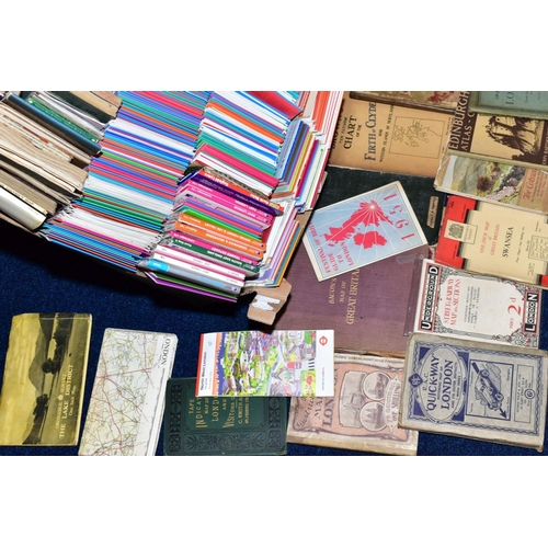 401 - A BOX OF FOLDED MAPS, including Bacon's Map of Great Britain, Ordnance Survey, Philips, London bus a... 