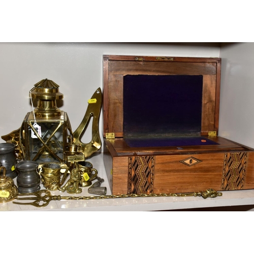 406 - VARIOUS BRASS AND COPPER ITEMS, together with an inlaid writing slope, to include small copper/brass... 