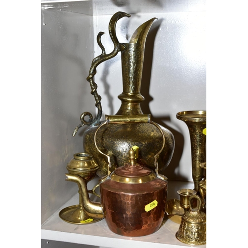 406 - VARIOUS BRASS AND COPPER ITEMS, together with an inlaid writing slope, to include small copper/brass... 