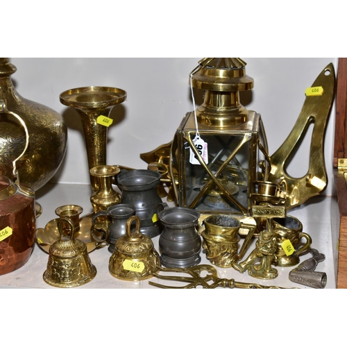 406 - VARIOUS BRASS AND COPPER ITEMS, together with an inlaid writing slope, to include small copper/brass... 