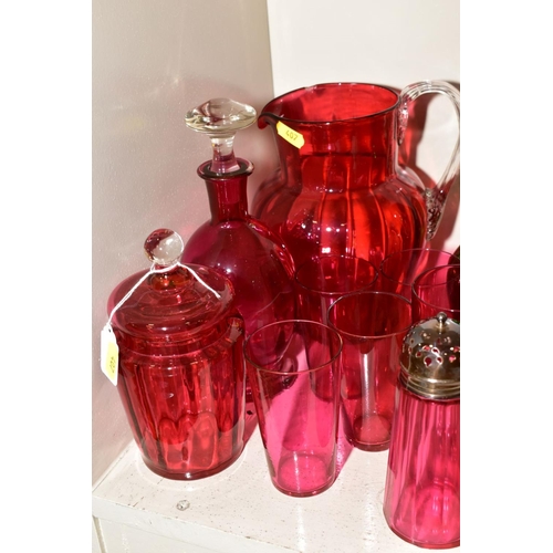 407 - A GROUP OF CRANBERRY GLASS AND OTHER GLASSWARE, including a Mary Gregory style vase, height 17cm, a ... 