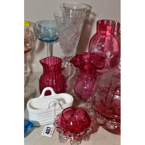 407 - A GROUP OF CRANBERRY GLASS AND OTHER GLASSWARE, including a Mary Gregory style vase, height 17cm, a ... 