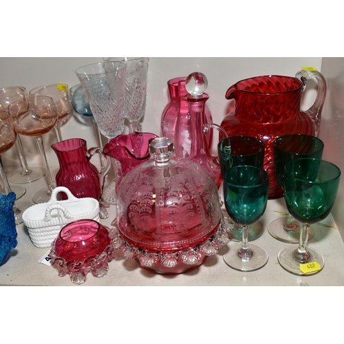 407 - A GROUP OF CRANBERRY GLASS AND OTHER GLASSWARE, including a Mary Gregory style vase, height 17cm, a ... 