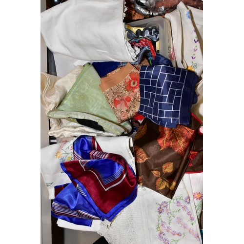 408 - A BOX OF EMBROIDERED TABLE LINEN, HEADSCARVES, WOLFORD TIGHTS, ETC