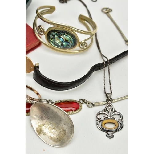 41 - AN ASSORTED SELECTION OF COSTUME JEWELLERY, to include a wide white metal cuff bangle, a white metal... 