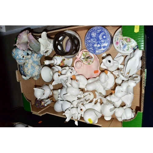 413 - FOUR BOXES OF CERAMICS, SEA SHELLS AND LOOSE, including twelve collectors plates printed with Second... 