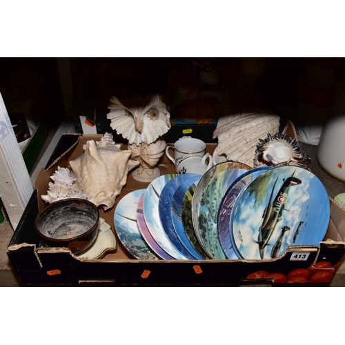 413 - FOUR BOXES OF CERAMICS, SEA SHELLS AND LOOSE, including twelve collectors plates printed with Second... 