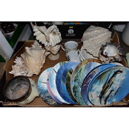 413 - FOUR BOXES OF CERAMICS, SEA SHELLS AND LOOSE, including twelve collectors plates printed with Second... 