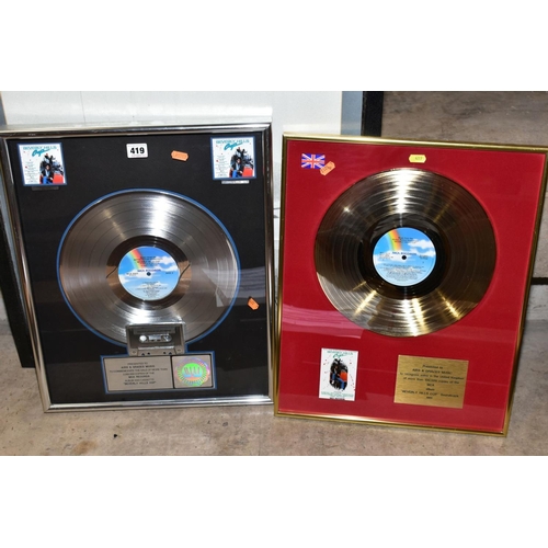 419 - MUSIC EPHEMERA, to comprise gold and platinum discs, presented to Airs and Graces music in recogniti... 