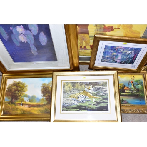 423 - PAINTINGS AND PRINTS, comprising landscape with children fishing, signed Foote, oil on canvas, windm... 