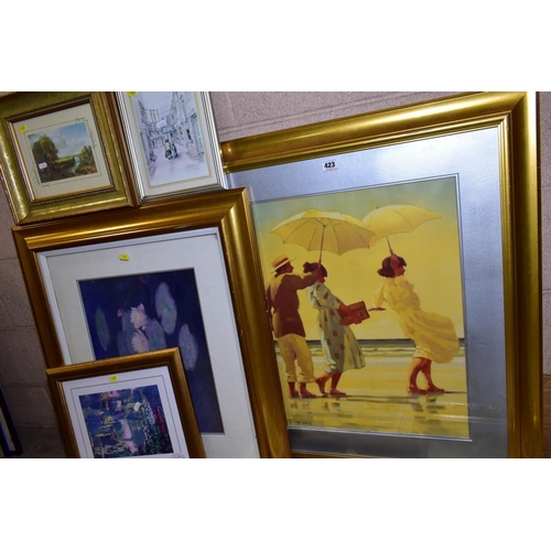 423 - PAINTINGS AND PRINTS, comprising landscape with children fishing, signed Foote, oil on canvas, windm... 