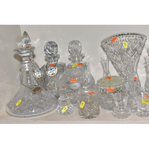 428 - A QUANTITY OF CUT GLASS BOWLS, VASES, DECANTERS, ETC, to include Georgian crystal, a ship's decanter... 