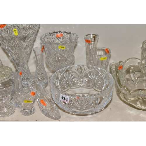 428 - A QUANTITY OF CUT GLASS BOWLS, VASES, DECANTERS, ETC, to include Georgian crystal, a ship's decanter... 