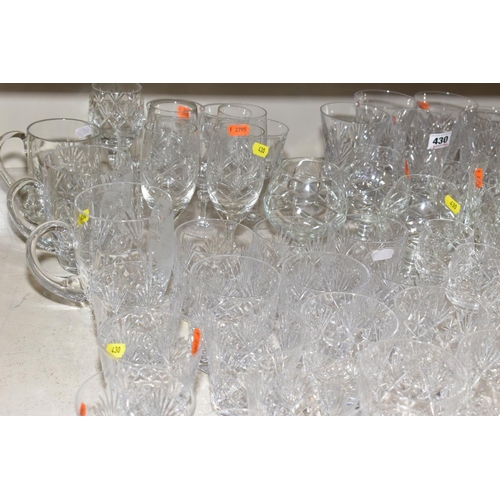 430 - A QUANTITY OF CUT GLASS GLASSES, to include wines, brandy, tankards, tumblers, sherry, etc