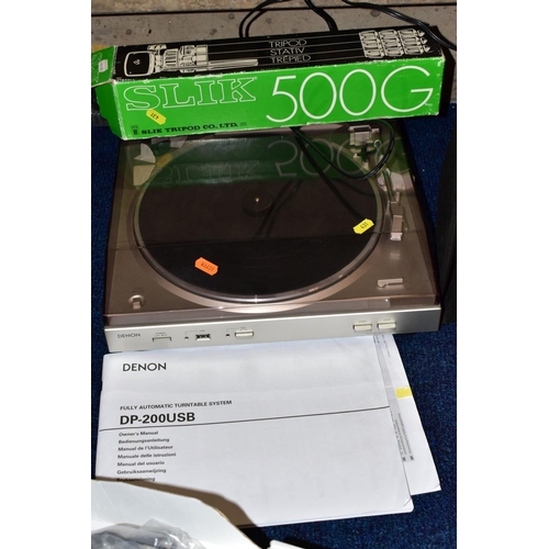 431 - THREE BOXES AND LOOSE SUNDRY ITEMS, to include Denon DP-200USB turntable with instructions (PAT pass... 