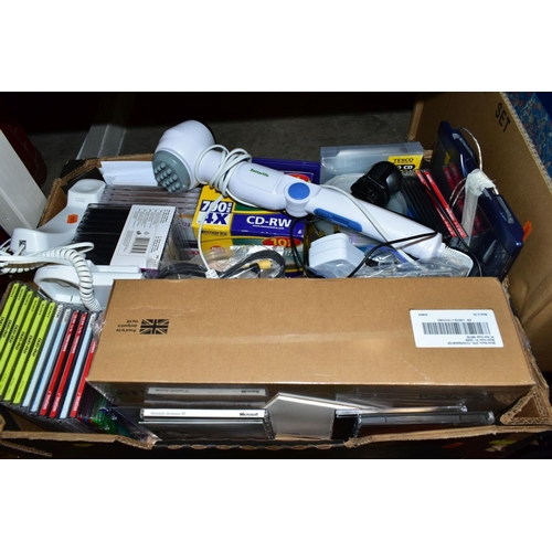 431 - THREE BOXES AND LOOSE SUNDRY ITEMS, to include Denon DP-200USB turntable with instructions (PAT pass... 