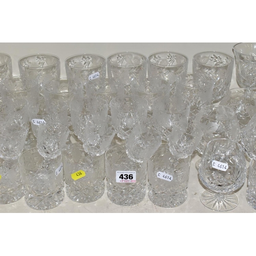 436 - A QUANTITY OF CUT GLASS ETC, to include a set of wines, brandy, sherries and tumblers, all etched wi... 