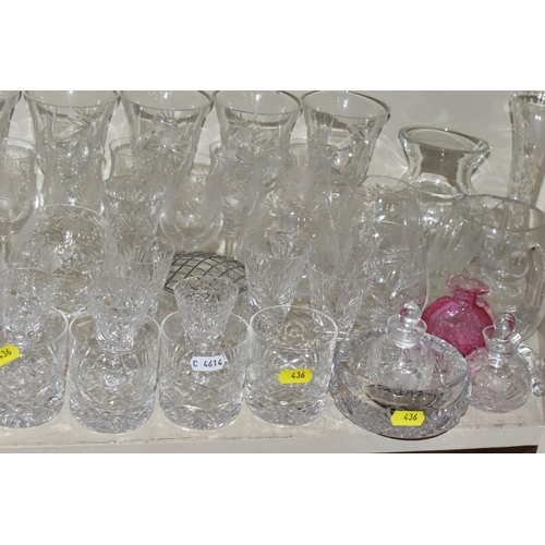 436 - A QUANTITY OF CUT GLASS ETC, to include a set of wines, brandy, sherries and tumblers, all etched wi... 