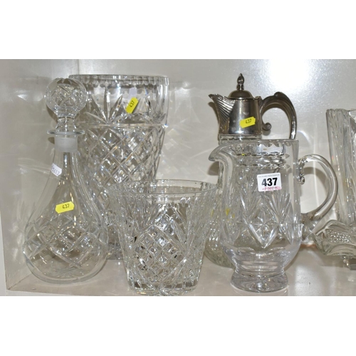 437 - VARIOUS CUT GLASS ITEMS, to include a large cut glass bowl (punch?), a plated ladle, a Royal Doulton... 