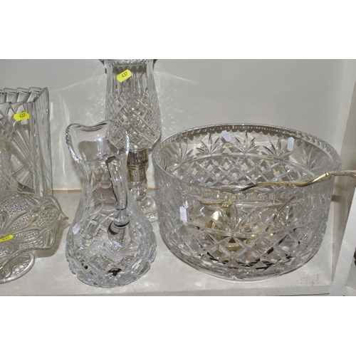 437 - VARIOUS CUT GLASS ITEMS, to include a large cut glass bowl (punch?), a plated ladle, a Royal Doulton... 