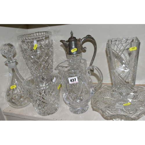 437 - VARIOUS CUT GLASS ITEMS, to include a large cut glass bowl (punch?), a plated ladle, a Royal Doulton... 