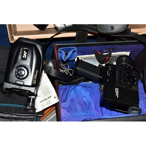 439 - A BOX AND LOOSE OF CAMERAS AND ACCESSORIES, PHONES ETC, to include JVC optical 22x in soft carry cas... 