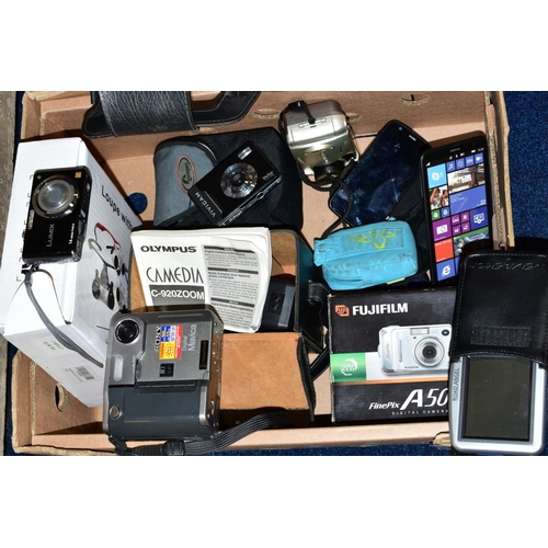 439 - A BOX AND LOOSE OF CAMERAS AND ACCESSORIES, PHONES ETC, to include JVC optical 22x in soft carry cas... 