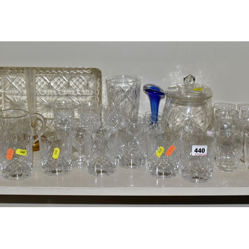 440 - A QUANTITY OF CUT GLASSWARE, to include vases, decanter, bowls, tumblers, etc