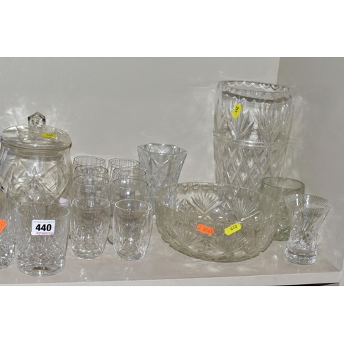 440 - A QUANTITY OF CUT GLASSWARE, to include vases, decanter, bowls, tumblers, etc