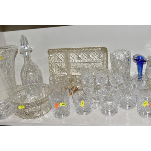 440 - A QUANTITY OF CUT GLASSWARE, to include vases, decanter, bowls, tumblers, etc