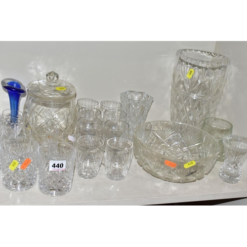 440 - A QUANTITY OF CUT GLASSWARE, to include vases, decanter, bowls, tumblers, etc